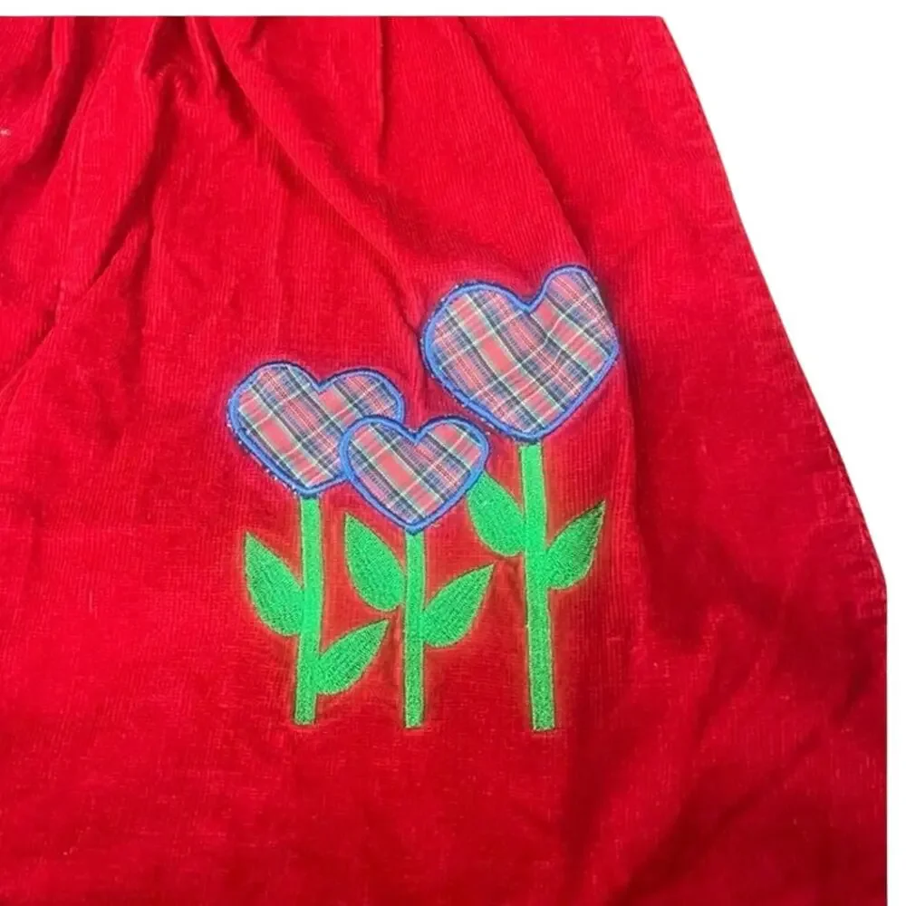 Girls Size 5 Red Corduroy Jumper Dress Heart Flower Plaid Embroidered Cute EUC